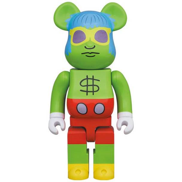 400 Bearbrick collectible figure featuring Keith Haring's Andy Mouse design with green body, blue hair, and dollar sign on chest.