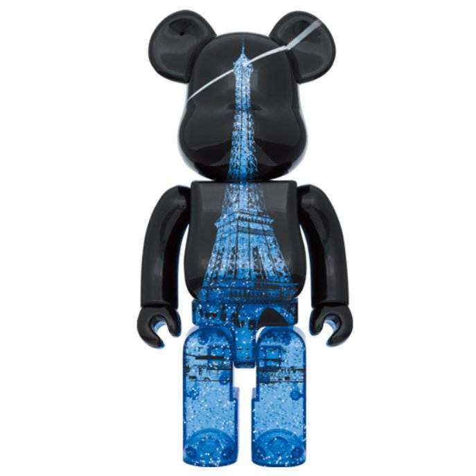 Bearbrick 400% & 100% Eiffel Tower Sparkling Edition figurine set with glittery blue design.