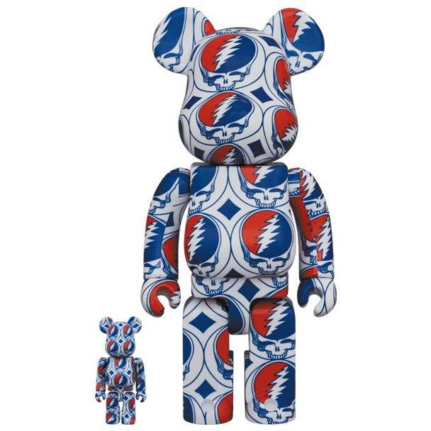 400 & 100 Bearbrick set featuring Grateful Dead Steal Your Face logo pattern design