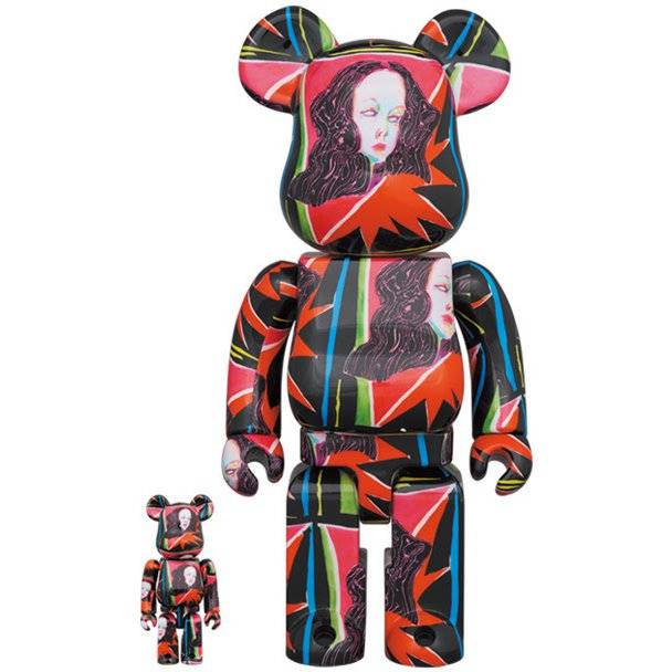 400% and 100% Bearbrick set featuring Goddess artwork by Saiko Otake with colorful abstract design and portrait elements