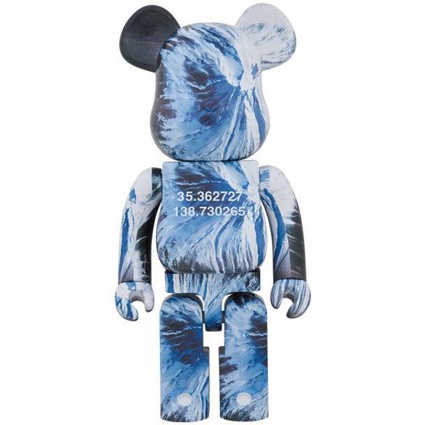 1000% Bearbrick with satellite image design inspired by Benjamin Grant's Oversuit book showing coordinates of Mount Fuji