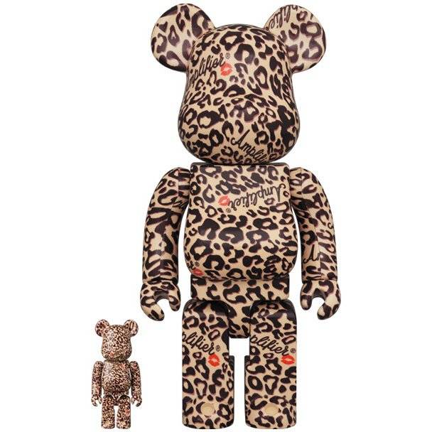 400% and 100% Bearbrick set with leopard print and Amplifier rock apparel logo for 5th anniversary