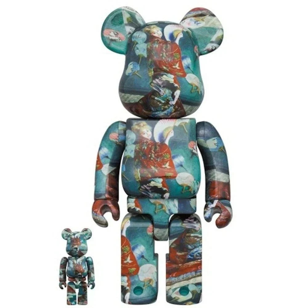 400% & 100% Bearbrick set featuring Claude Monet's La Japonaise design by Medicom Toy.