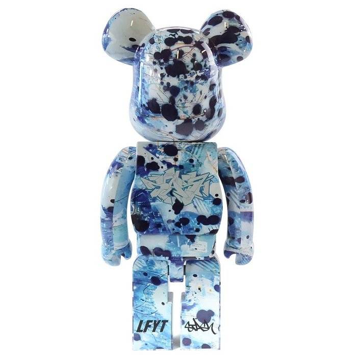 1000 Bearbrick Lfyt x Stash blue and white collectible figure with graffiti art design