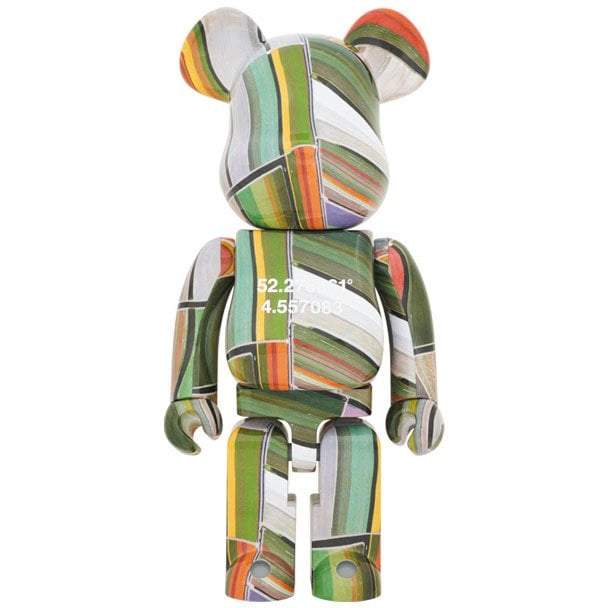 1000% Bearbrick figurine featuring multicolored abstract satellite image design by Benjamin Grant