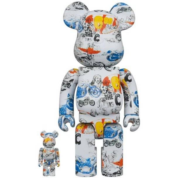 Bearbrick sæt featuring Andy Warhol inspired colorful pop art design with 400% and 100% figures.