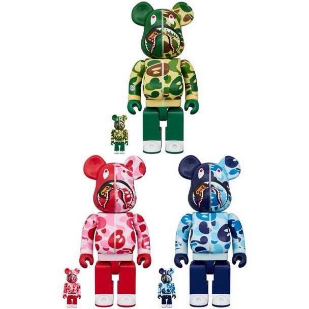 400% & 100% Bearbrick set featuring BAPE Baby Milo Shark Camo design in three colors.