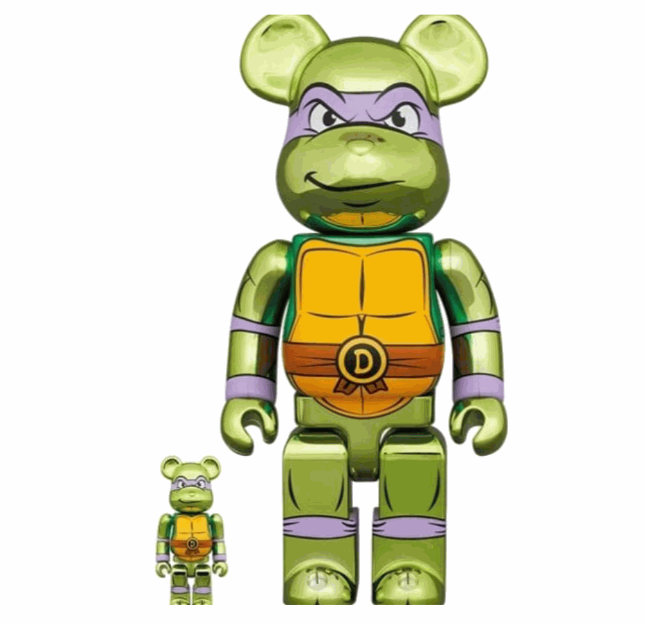 Bearbrick set featuring Donatello from Teenage Mutant Ninja Turtles, 400% and 100% sizes, chrome finish.