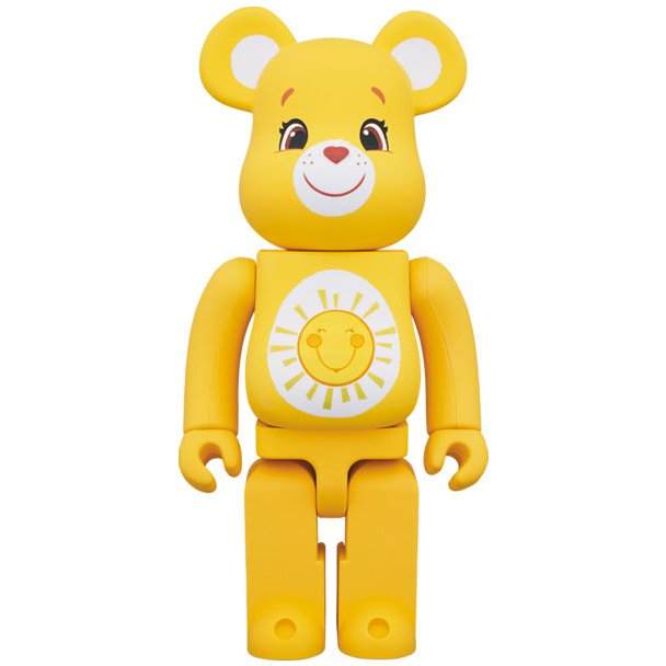 1000% Bearbrick Funshine Bear collectible figur med gul frakke og solsmil logo fra Care Bears serien