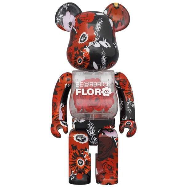 400% Bearbrick figure with vibrant floral pattern, transparent body, and enclosed red roses.