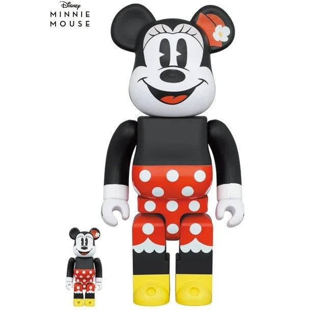 Bearbrick sæt featuring Minnie Mouse with red and white polka dots, collaboration between Disney and Medicom Toys.