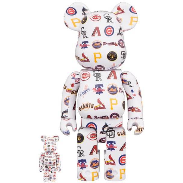 400% and 100% Bearbrick set featuring MLB National League team logos on white collectible figures