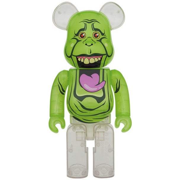 1000% Bearbrick Slimer Ghostbusters figure with green detailed face, open mouth, pink tongue, and transparent legs and ears