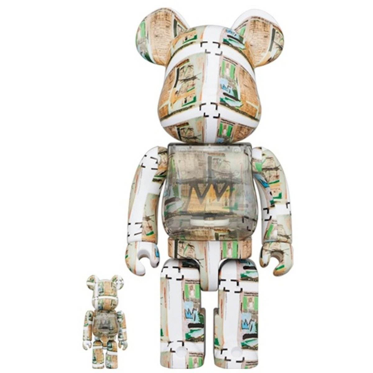 400% & 100% Bearbrick set featuring Jean-Michel Basquiat's Jawbone of an Ass artwork, limited edition collectible.