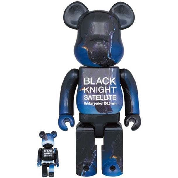 400 & 100 Bearbrick Black Knight Satellite figures featuring black and blue conspiracy theory design