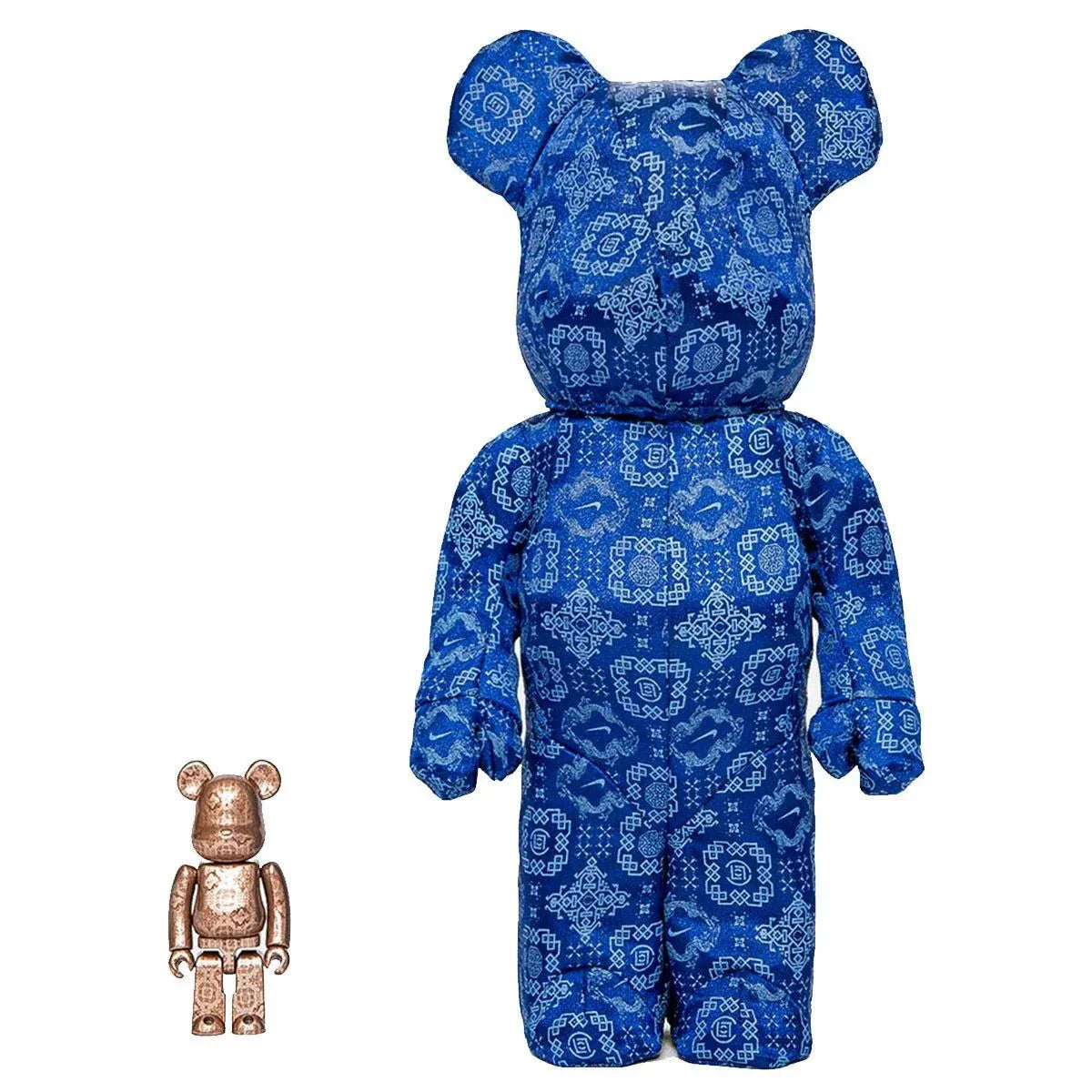 Bearbrick CLOT x Nike Royal University Blue Silk 100% and 400% set with intricate blue silk pattern.
