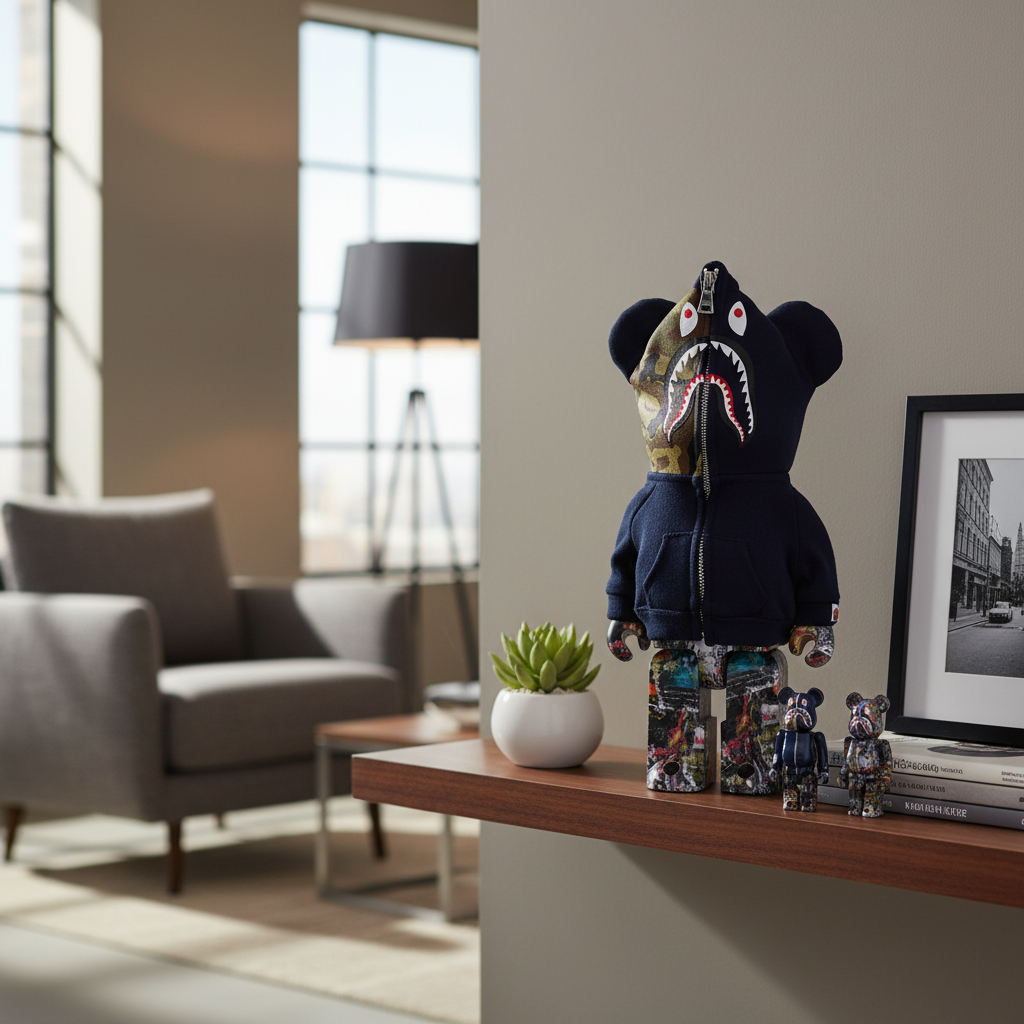 400% & 100% Bearbrick 3 pcs sæt - BAPE(R) LEGACY CAMO SHARK (Navy ver.)-Medicom Toy-Bearbrick