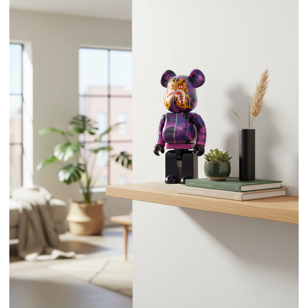 400% & 100% Bearbrick sæt - Camo Tiger by BAPE (Purple ver.)