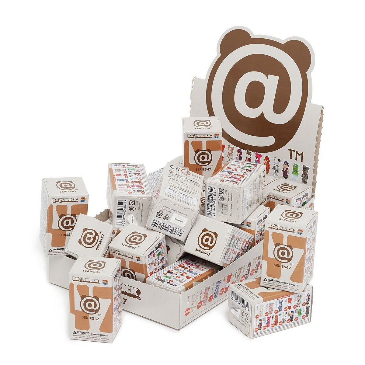 Bearbrick Blindbox Series 47 display featuring multiple boxed figures with diverse designs.